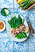 Green asparagus with crispy chickpeas and feta