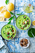 Green asparagus lemon soup with croutons