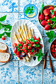 White asparagus with strawberry basil salad