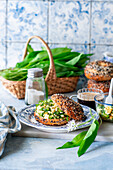 Bagels with eggs, wild garlic, cucumbers, and radishes