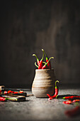 Red chili peppers in a rustic ceramic pot