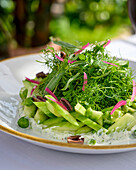 Cucumber salad with herbs, tzatziki and peas