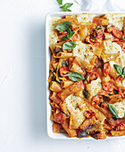 Caprese pasta bake with basil