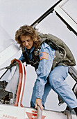 NASA astronaut Christa McAuliffe exiting a T-38 jet