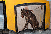 Dog fresco on ancient Roman food stall, Pompeii, Italy