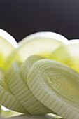 Extreme close up of sliced leek