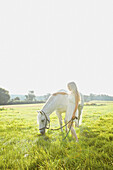 Young Woman Stroking Horse in Field