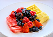 Fresh fruit plate at the Iguana Restaurant of luxury boutique hotel Cass Kimberly in Puerto Vallarta, Mexico.