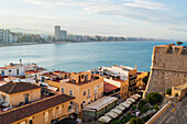 View at sunset from the city walls of the Papa Luna castle in Peñiscola, Castellon, Valencian Community, Spain