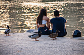 Young couple surrounded by ducks in the Ebro River bank, Zaragoza, Spain