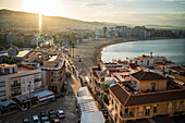 View at sunset from the city walls of the Papa Luna castle in Peñiscola, Castellon, Valencian Community, Spain