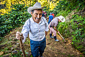 Landwirte reparieren die Straße in Hoja Blanca, Huehuetenango, Guatemala