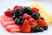 Fresh fruit plate at the Iguana Restaurant of luxury boutique hotel Cass Kimberly in Puerto Vallarta, Mexico.