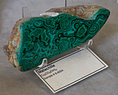 A specimen of Malachite in the Museum of Paleolontolgy at Brigham Young University, Provo, Utah.