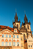 Rococo Kinsky Palace and Gothic Tyn Church, Old Town Square, Old Town (Stare Mesto), UNESCO World Heritage Site, Prague, Czechia, Europe