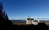 Schloss Neuschwanstein, ein historistisches Schloss aus dem 19. Jahrhundert auf einem zerklüfteten Hügel im Alpenvorland, Schwaben, Südbayern, Deutschland, Europa