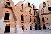 Ksar Ouled Soltane, a fortified granary, comprising two courtyards with multi-story vaulted granary cellars (ghorfas) around perimeters, Tataouine district, southern Tunisia, North Africa, Africa