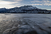 Frozen Athabasca River at Talbot Lake with mountains, Jasper National Park, UNESCO World Heritage Site, Alberta, Canadian Rockies, Canada, North America