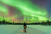 Mann mit Laterne in der Winternacht auf einer leeren vereisten Straße, während er Nordlichter (Aurora Borealis) bewundert, Akaslompolo, Pallas-Yllastunturi-Nationalpark, Gemeinde Kolari, Finnisch-Lappland, Finnland, Europa