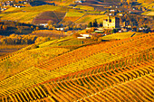 Schöner Blick auf das Schloss Grinzane Cavour und die Weinberge, an einem Herbsttag, UNESCO-Weltkulturerbe, Provinz Cuneo, Piemont, Italien, Europa