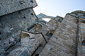 Architektonisches Detail der Sacra di San Michele (Abtei des Heiligen Michael), ein religiöser Komplex auf dem Berg Pirchiriano, auf der Südseite des Val di Susa, Gemeinde Sant'Ambrogio di Torino, Stadt Turin, Piemont, Italien, Europa