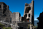 Detail der Sacra di San Michele, einer religiösen Anlage auf dem Berg Pirchiriano, an der Südseite des Val di Susa, Gemeinde Sant'Ambrogio di Torino, Metropolitanstadt Turin, Piemont, Italien, Europa