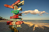 View of destination signpost near Puerto Morelos, Caribbean Coast, Yucatan Peninsula, Mexico, North America