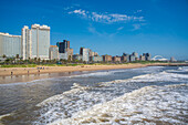 View of promenade, beach and hotels from pier in Indian Ocean, Durban, KwaZulu-Natal Province, South Africa, Africa