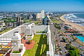 Elevated view of beaches, hotels, promenade and Indian Ocean, Durban, KwaZulu-Natal Province, South Africa, Africa