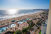 Elevated view of beaches, promenade and Indian Ocean, Durban, KwaZulu-Natal Province, South Africa, Africa