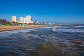 View of promenade, beach and hotels from pier in Indian Ocean, Durban, KwaZulu-Natal Province, South Africa, Africa