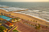 Elevated view of beaches, promenade and Indian Ocean at sunrise, Durban, KwaZulu-Natal Province, South Africa, Africa