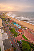 Elevated view of beaches, promenade and Indian Ocean, Durban, KwaZulu-Natal Province, South Africa, Africa