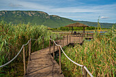 View of Jet lake and Ubombo Mountain from Ghost Mountain Inn, Mkuze, KwaZulu-Natal Province, South Africa, Africa