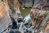 View of complex of smooth, cylindrical potholes and natural rock sculptures at Bourke's Luck Potholes, Blyde River Canyon Nature Reserve, Moremela, Mpumalanga Province, South Africa, Africa