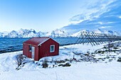 Einsamer roter typischer Rorbu in der verschneiten arktischen Landschaft am Fjord in der Morgendämmerung, Djupvik, Olderdalen, Lyngenfjord, Lyngen Alps, Troms og Finnmark, Norwegen, Skandinavien, Europa