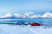 Two colorful rorbu standing on the shore of the fjord covered by deep snow and snowy mountain in the background in winter, Djupvik, Olderdalen, Lyngen fjord, Lyngen Alps, Troms og Finnmark, Norway, Scandinavia, Europe