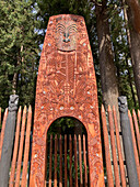 Tuteata doorway, located at the start of Titokorangi Drive near the Redwoods Visitor Centre, carved by Grant Hamarama Smith Marunui, Kawana Waititi, and Haami Te Aho, North Island, New Zealand, Pacific