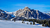 Snowy winter landscape with trees and peaks, Dolomites, Italy, Europe