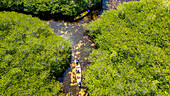 Aerial of little boats in the swamps of Grande Santa Cruz Island, Zamboanga, Mindanao, Philippines, Southeast Asia, Asia