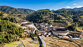 Aerial of the Hekeng Fujian Tulou, UNESCO World Heritage Site, rural dwelling of the Hakka, Fujian, China, Asia