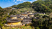 Aerial of Tianluokeng, UNESCO World Heritage Site, Fujian Tulou, rural dwelling of the Hakka, Fujian, China, Asia