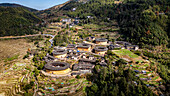 Aerial of Tianluokeng, UNESCO World Heritage Site, Fujian Tulou, rural dwelling of the Hakka, Fujian, China, Asia