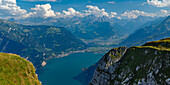 View from Niederbauen Mountain, 1923m to Fluelen and Altdorf, Lake Lucerne, Canton Uri, Switzerland, Europe