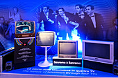 Televisions on display at the Museum of Radio and Television located in the RAI Production Center in the city center of Turin, Piedmont, Italy, Europe