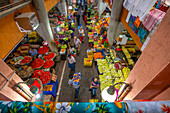 View of produce and market stalls in Central Market in Port Louis, Port Louis, Mauritius, Indian Ocean, Africa