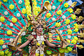 Girl in elaborate peacock style costume at the annual Tomohon International Flower Festival parade, Tomohon, North Sulawesi, Sulawesi, Indonesia, Southeast Asia, Asia