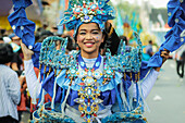 Girl in elaborate costume, annual Tomohon International Flower Festival parade, Tomohon, North Sulawesi, Sulawesi, Indonesia, Southeast Asia, Asia