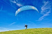 Gleitschirmflieger beim Start am Mount Caburn, nahe Lewes, East Sussex, England, Vereinigtes Königreich, Europa