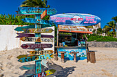 View of colourful destination sign on beach at Puerto Morelos, Caribbean Coast, Yucatan Peninsula, Riviera Maya, Mexico, North America